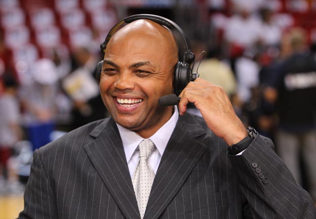 Analyst Charles Barkley shares a laugh before the game against the Miami Heat and the Oklahoma City Thunder during Game Five of the 2012 NBA Finals