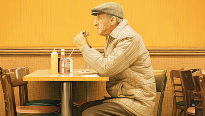 Painting of a man in a New York Deli eating a sandwich.