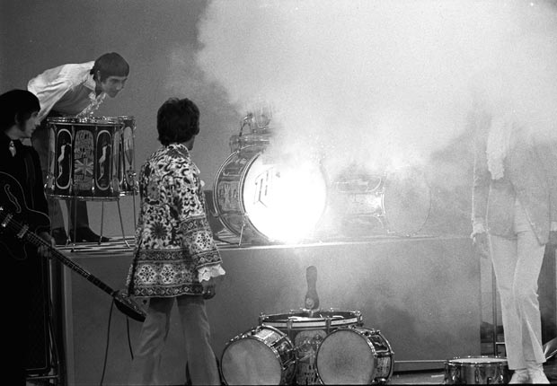 Smoke spreads from drummer Keith Moon's kit following British rock group The Who's performance on 'The Smothers Brothers Comedy Hour - Pete Townshend Retrospective