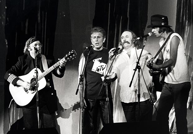 Stephen Stills, Graham Nash, David Crosby and Neil Young at the Live Aid Concert on July 13, 1985