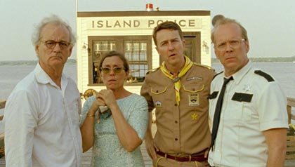 Bill Murray as Mr. Bishop, Frances McDormand as Mrs. Bishop, Edward Norton as Scout Master Ward, and Bruce Willis as Captain Sharp in Wes Anderson's MOONRISE KINGDOM