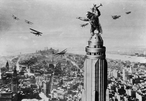One of John Cerisoli's models of the giant ape, poised atop a Manhattan skyscraper in a scene from the classic monster movie 'King Kong'. 