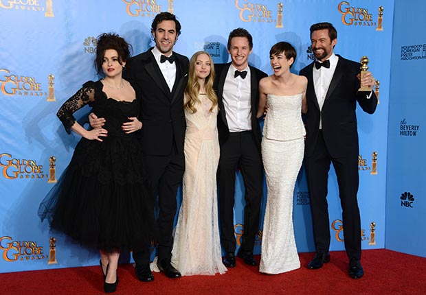 Cast members Helena Bonham Carter, Sacha Baron Cohen, Amanda Seyfried, Eddie Redmayne, Anne Hathaway, and Hugh Jackman of Les Miserables at 70th Annual Golden Globe Awards