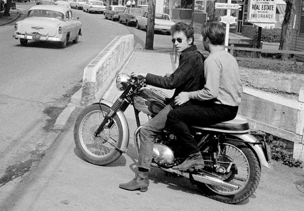 Bob Dylan rides his motorcycle circa 1964 in Woodstock