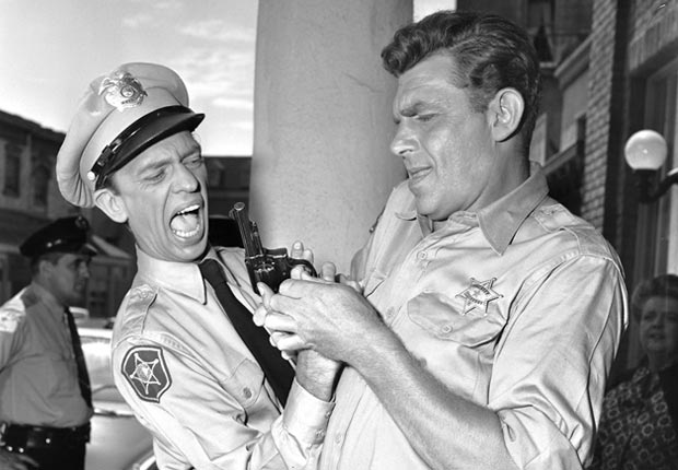 Actors Don Knotts (left) and Andy Griffith during an episode of 'The Andy Griffith Show.'For the Best Comedy Shows slide show.