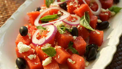 Watermelon, Feta, Black Olive Salad Meatless Monday recipe