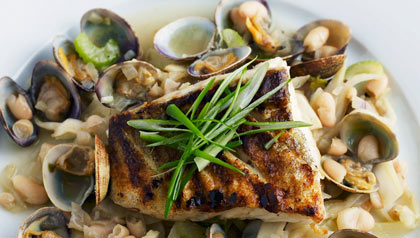 Fried cod on fennel, beans and shellfish 