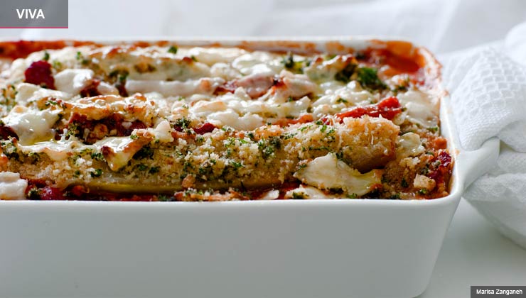 Cazuela de berenjena con tres quesos, receta de Denisse Oller.
