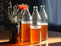 Three bottles of homemade cider on a table.