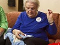 Anna Duffield sews a blanket for Project Linus.