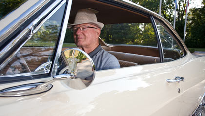 Les Pence, in his ’65 Chevy Corvair Monza, teaches in the AARP Driver Safety Program. Les Pence, in his ’65 Chevy Corvair Monza, teaches in the AARP Driver Safety Program.