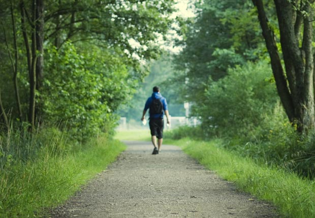 Man walking on path in woods