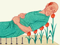 Patient lying on a bed of nails. Palliative care is good for managing chronic pain.
