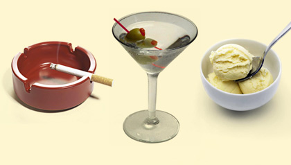 An ashtray, a martini and a bowl of ice cream. Overcoming bad habits.
