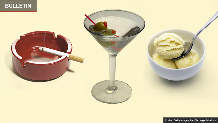 An ashtray, a martini and a bowl of ice cream. Overcoming bad habits.
