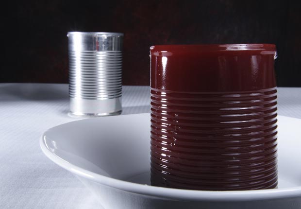 Cranberry sauce on plate with can, Discard old and expired canned food