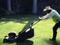 man pushing lawn mower