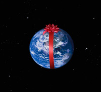 Planet Earth wrapped in a Christmas bow