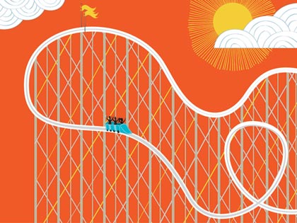 Ilustración de una montaña rusa en un día soleado