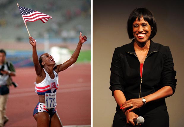 Jackie Joyner Kersee celebrates her gold medal win at the Barcelona Games in 1992. She recently attended the Nike debut of the Team USA apparel on June 14, 2012 in New York City. 