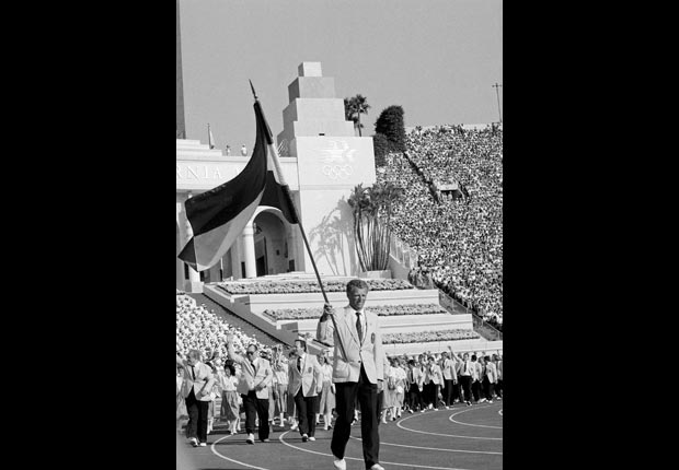 Hubert Raudaschl bears his country's flag during the Opening Ceremonies for the 23rd Olympic Summer Games. 