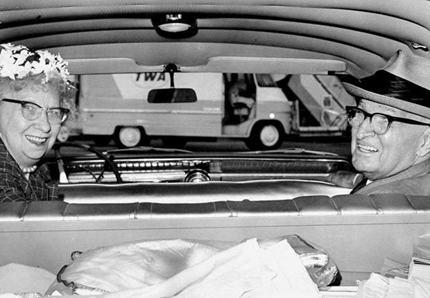 Former President Harry S. Truman and his wife Bess after arrival at Kennedy Airport to visit their daughter Margaret.