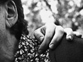 A hand on a woman's shoulder.