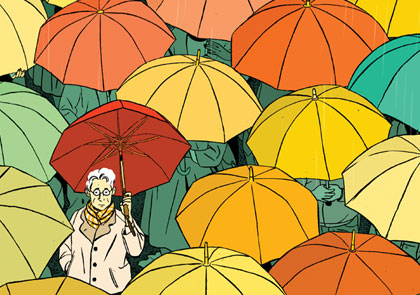 lonely person in a sea of umbrellas