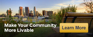 Park bench and city skyline, Livable communities