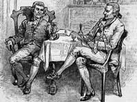 Madison (right) talks, over wine, with Thomas Jefferson.