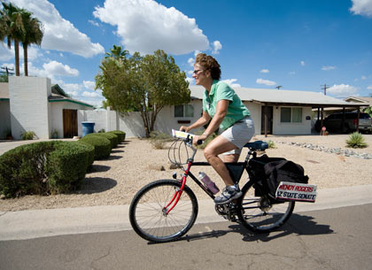 Wendy Wendy Rogers, candidate for Arizona state senate going door to door on her bicycle.