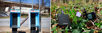 Old phone booth and new cell phone battery charger