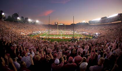 ans watch the Alabama Crimson Tide marching band perform before Alabama's 37-21 victory over the Texas Longhorns in the 2010 BCS Championship Game at the Rose Bowl in Pasadena, CA.