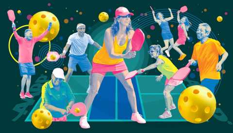 collage of pickleball players and picklelballs on a court that says a a r p on either end