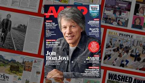 a a r p the magazine cover June-July 2024 featuring Jon Bon Jovi, on background of magazine pages