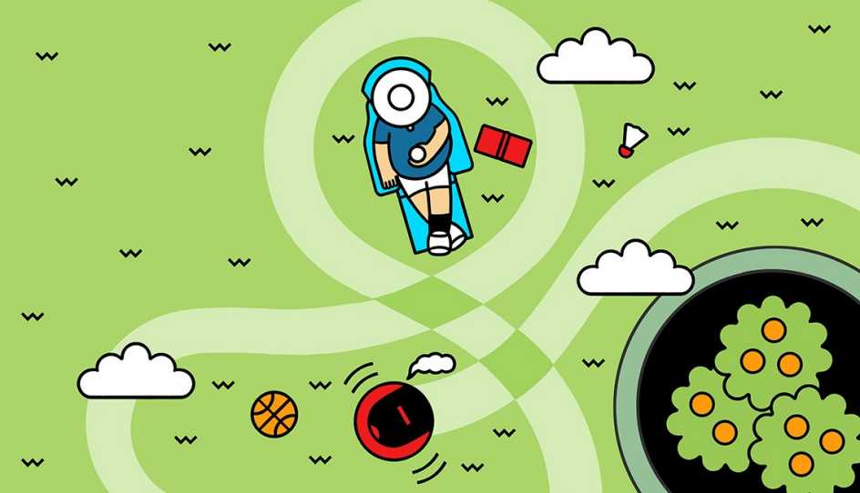 Illustration of person lying in grass while robot lawn mower cuts grass around him; trees and basketball are there as well