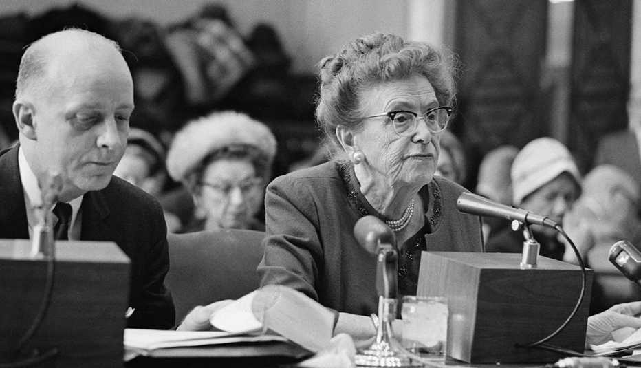 Dr. Ethel Percy Andrus, president of American Association of Retired Persons (left) and Federal Trade Commission chairman Paul Rand Dixon attend a Special Senate Committee on Aging  hearing the growing hazards of fraudulent schemes against older adults.