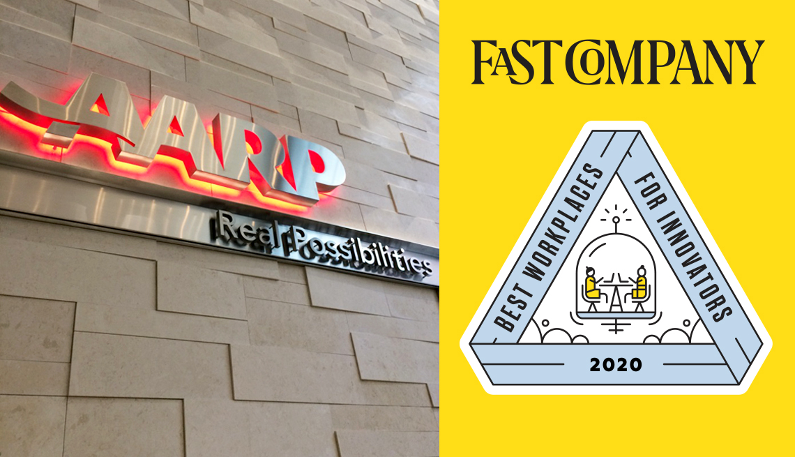 a sign on a building that says a a r p real possibilities and the fast company best workplaces for innovators logo