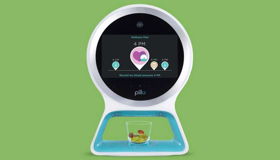 A pillo robot with a wellness plan on the screen.