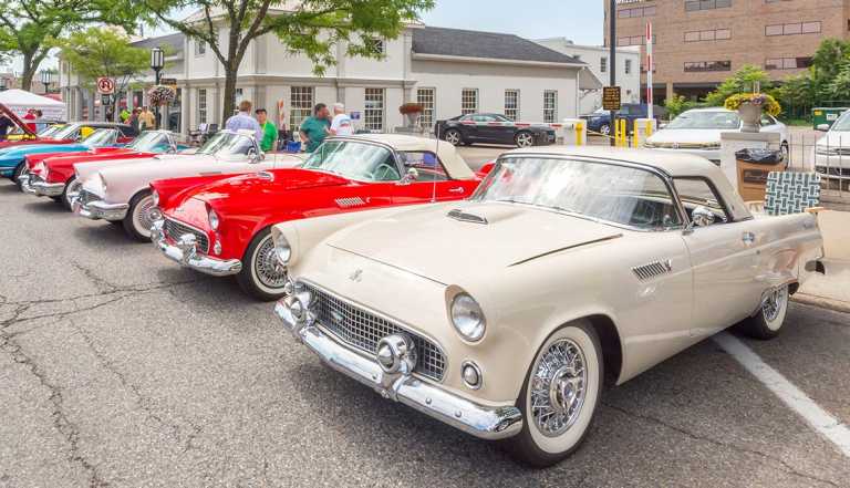 a row of ford thunderbirds on display at the woodward dream cruise car show in birmingham michigan