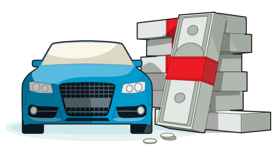 illustration of the front of a blue car parked next to a giant stack of wrapped bundles of dollars