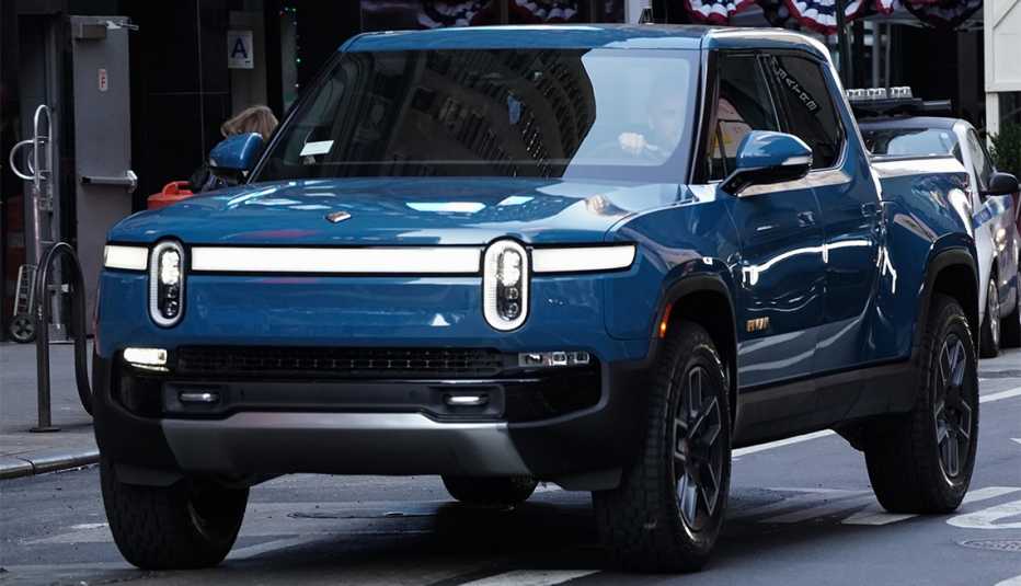 A Rivian R1T electric pickup truck during the company's IPO outside the Nasdaq MarketSite in New York