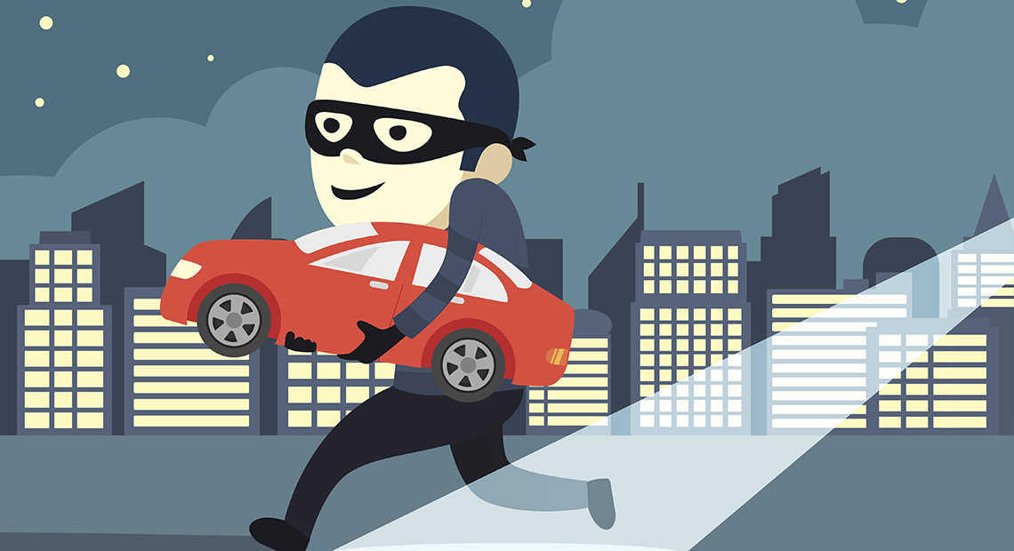 an illustration of a masked man carrying a miniature red car across a city skyline
