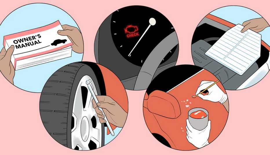 DIY car care tasks - check tire pressure, touch up paint, change air filter, read owners manual