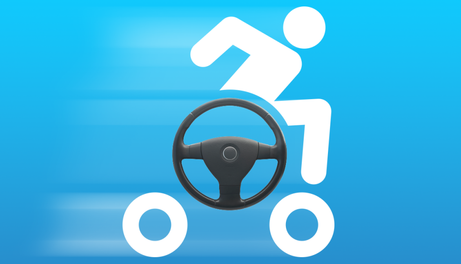 an accessibility icon edited to have a steering wheel and car wheels instead of a wheel chair