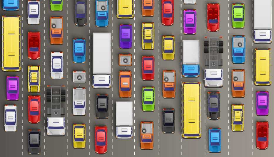Illustration of Trucks and Cars on Highway, S.M.A.R.T. Driver Tips, AARP Driver Safety