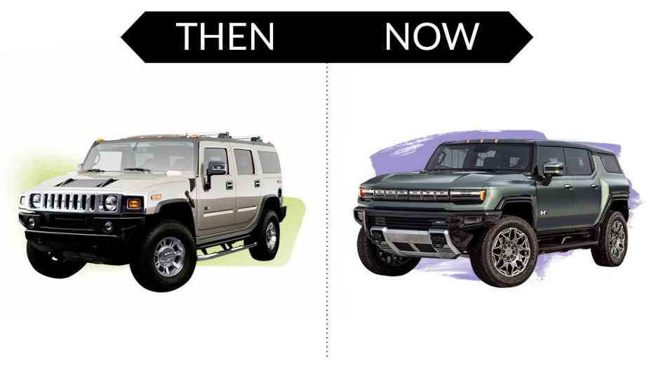 left an h 2 hummer by g m c right a new electric hummer e v