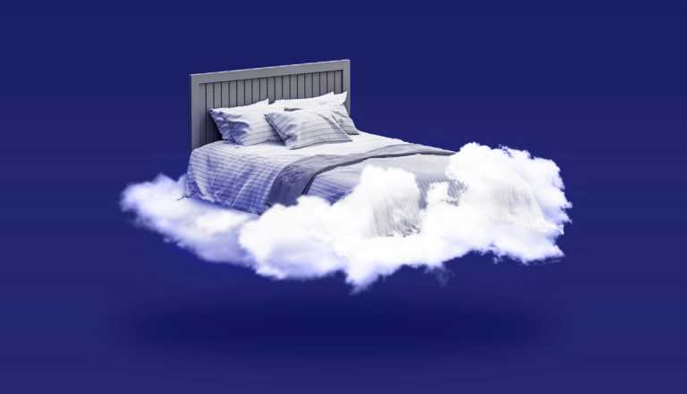 3D illustration of double bed with pillows floating on clouds in mid-air against blue background