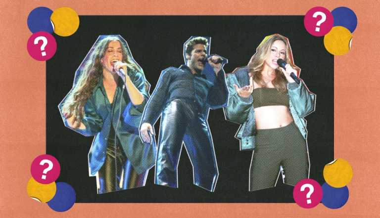 Alanis Morissette, Ricky Martin, and Mariah Carey all holding and singing into different microphone; surrounded by blue, yellow and pink circles with question marks in them