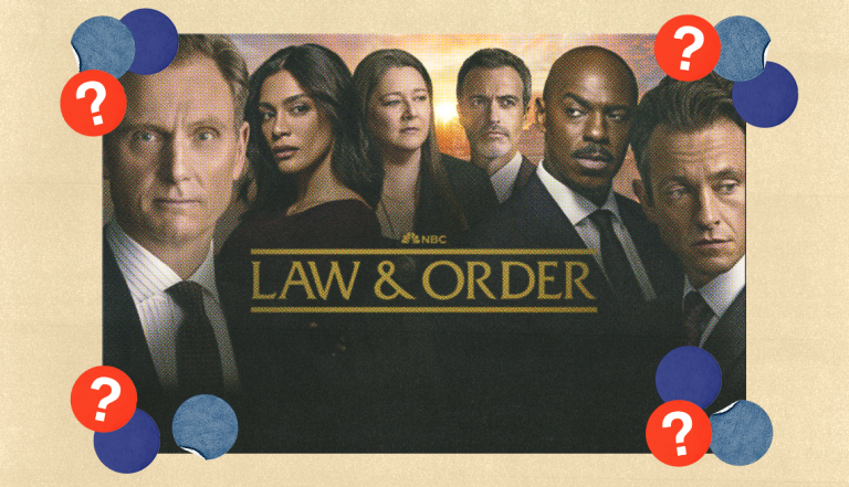 Cast of rebooted original 'Law & Order' surrounded by blue, dark blue and red circles with question marks in them
